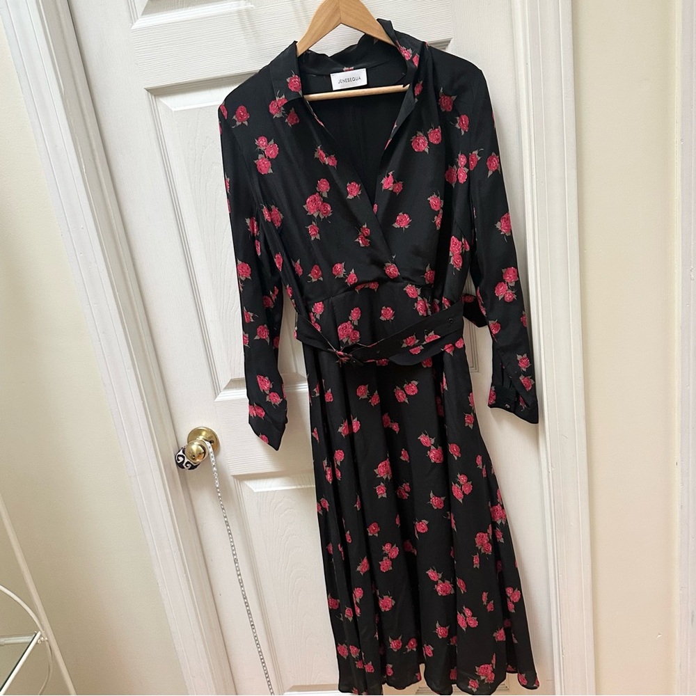 JENESEQUA Bastia Roses Floral Black red Dress Mulberry Silk collared shirt dress - Picture 2 of 16